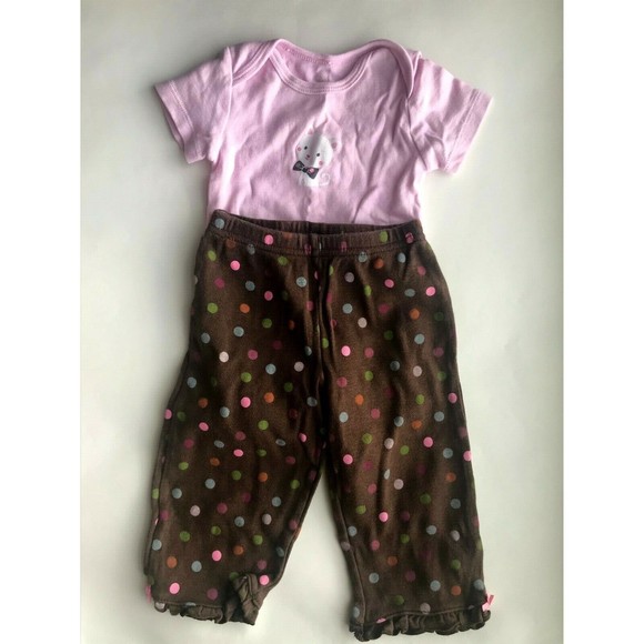 Girl's Size 9M 6-9 Months Two Piece Carter's Pink Kitten & Brown Polka Dot Pants - Picture 2 of 5